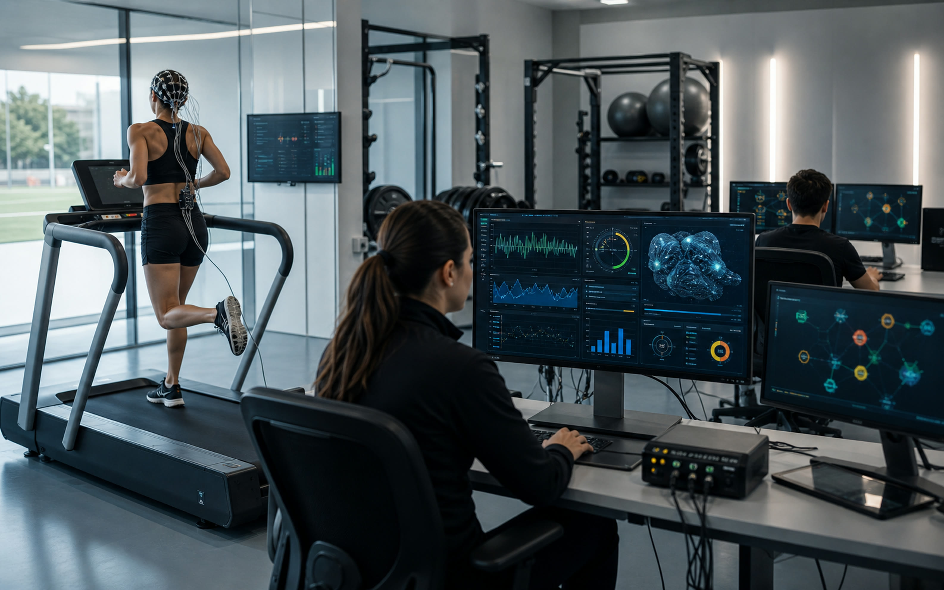 Laboratorio de rendimiento con prueba EEG en trotadora y tableros de analítica cognitiva.