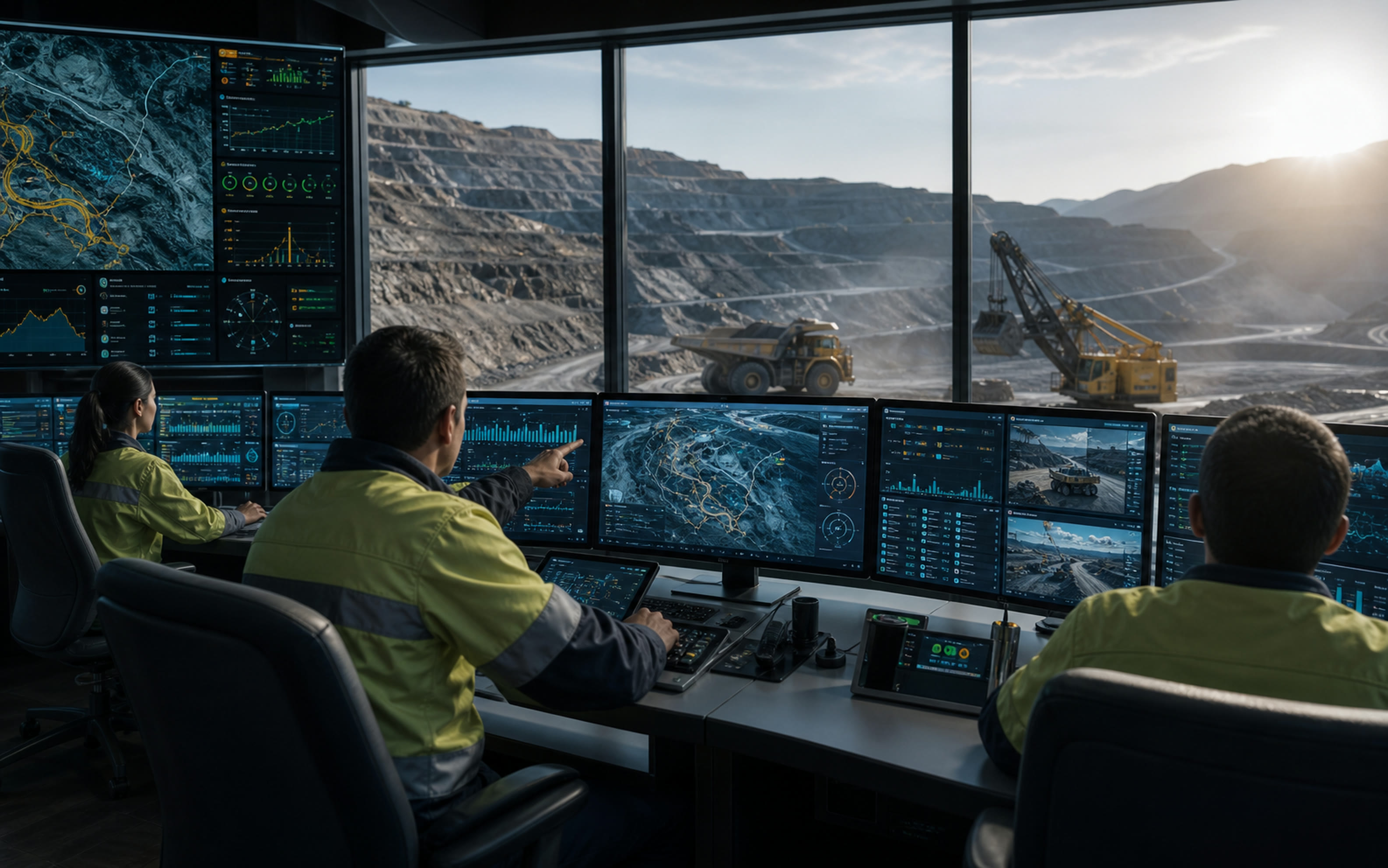 Equipo de operaciones mineras monitoreando maquinaria pesada desde un centro de control.